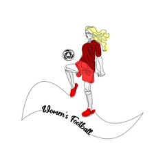 Continuous line drawing or single line drawing of a woman playing football or soccer and kicking the ball. Line art. Vector isolated on white background