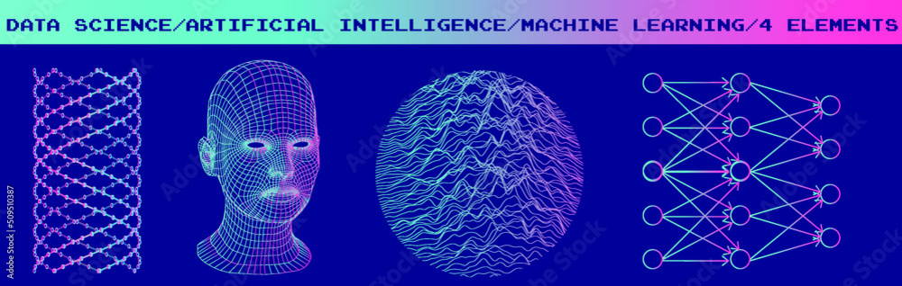 Poster Set of images in sci-fi futuristic style. Concept illustrations for neural network and artificial intelligence subjects.