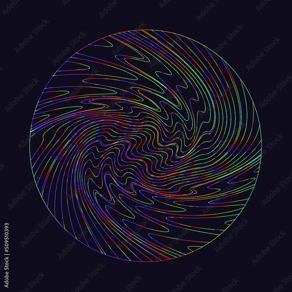 Poster Holographic circle with pattern of glitched and distorted lines. Trendy logotype template.