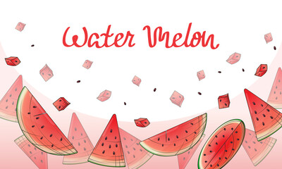 Vector summer background with illustration of watermelons. Bright hand-drawn template for design of poster, banner, card, decoration.