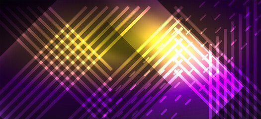 Obraz premium Background neon glowing lines and geometric shapes. Lights in the dark wallpaper for concept of AI technology, blockchain, digital, communication, 5G, science