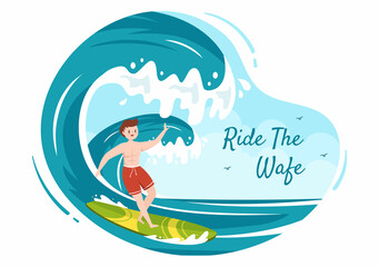 Summer Surfing of Water Sport Activities Cartoon Illustration with Riding Ocean Wave on Surfboards or Floating on Paddle Board in Flat Style