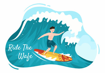 Summer Surfing of Water Sport Activities Cartoon Illustration with Riding Ocean Wave on Surfboards or Floating on Paddle Board in Flat Style