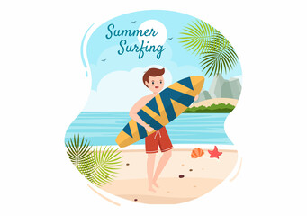Fototapeta na wymiar Summer Surfing of Water Sport Activities Cartoon Illustration with Riding Ocean Wave on Surfboards or Floating on Paddle Board in Flat Style