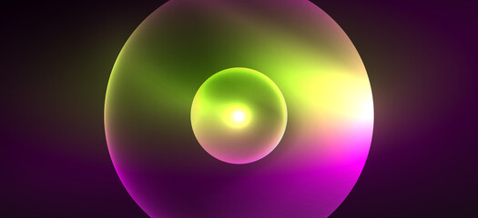 Abstract background with neon glowing light effects. Round shapes, triangles and circles. Wallpaper for concept of AI technology, blockchain, communication, 5G, science, business and technology