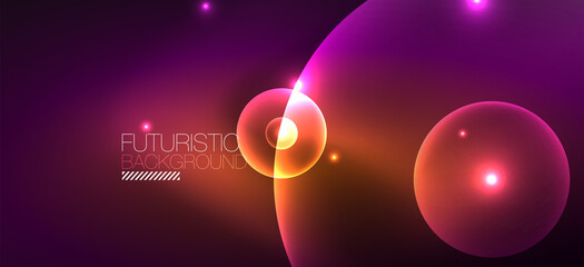 Abstract background with neon glowing light effects. Round shapes, triangles and circles. Wallpaper for concept of AI technology, blockchain, communication, 5G, science, business and technology