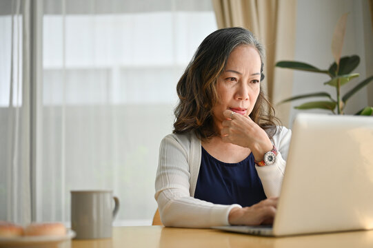 Concentrated asian middle aged female teacher or businesswoman using laptop.