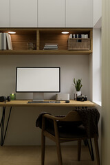 Minimal comfortable Scandinavian home workspace interior design with computer mockup