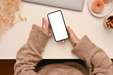 Overhead of a female in comfy sweater using a modern mobile phone in her office desk.
