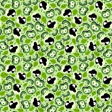 Green apples and leaves complex seamless pattern vector. Hand-drawn cartoon fruits monochrome surface design. Colorful summer mood apple pattern for clothes, textile and kitchenware