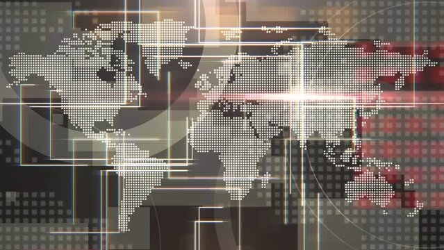 World map and neon white and red grid with lines, business, corporate and news style background