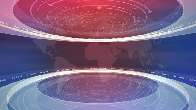 World map and HUD elements in studio, business, corporate and news style background