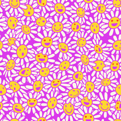 Hippie vector seamless pattern. Old school psychedelic background with smile faces in chamomile flowers. Nostalgia retro 70s groovy print. Colorful textile and surface design