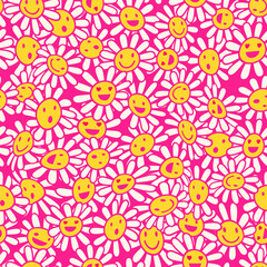 Hippie vector seamless pattern. Old school psychedelic background with smile faces in chamomile flowers. Nostalgia retro 70s groovy print. Colorful textile and surface design