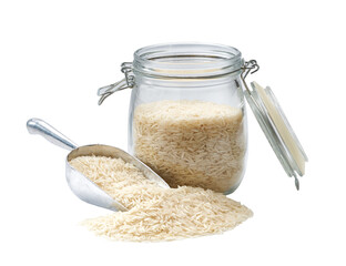 long rice basmati in metal scoop and  in glass storage jar isolated on white background.