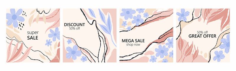 Mega sale set. Square spring summer poster. Blue flowers on beige background, discount card, natural abstract promo marketing social media posts template vector minimal design banner
