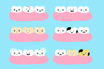 Cartoon Teeth in gum. Various healthy and with caries, cute tooth yellow and white enamel, toothpaste foam, dental floss, braces and denture. Smiley face, dental clinic mascot, vector characters
