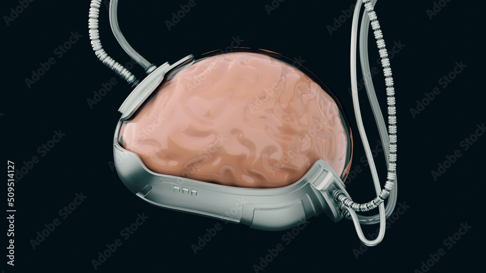 Wall mural 3d rendering of human brain in sci fi theme laboratory. concept for big data processing, ai trading,