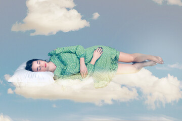 Sleeping beauty hovering in air. Relaxed girl in vintage ruffle dress lying comfortably on pillow...