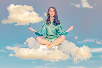 Hovering in air. Calm peaceful relaxed girl ruffle dress levitating with mudra gesture hands up,...