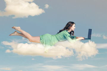 Hovering in air. Happy cheerful girl ruffle dress levitating with laptop, typing keyboard, reading...