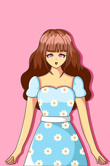 Cute and Happy Girl With Blue Flower Dress Design Illustration