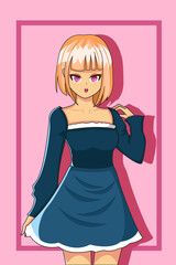 Beautiful Girl with Orange Short Hair and Blue Dress Design Illustration
