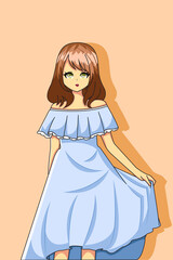 Beautiful Girl with Pretty Blue Dress Design Illustration