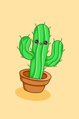 Cute Little Cactus in The Summer Cartoon Illustration