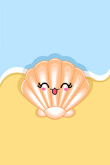 Cute and Happy Oyster in The Beach Cartoon Illustration