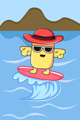 Little Chick Surfing in The Beach Cartoon Illustration