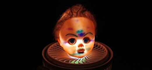 Isolated spooky possessed baby girl doll head with creepy colourful clown face and blue eyes...