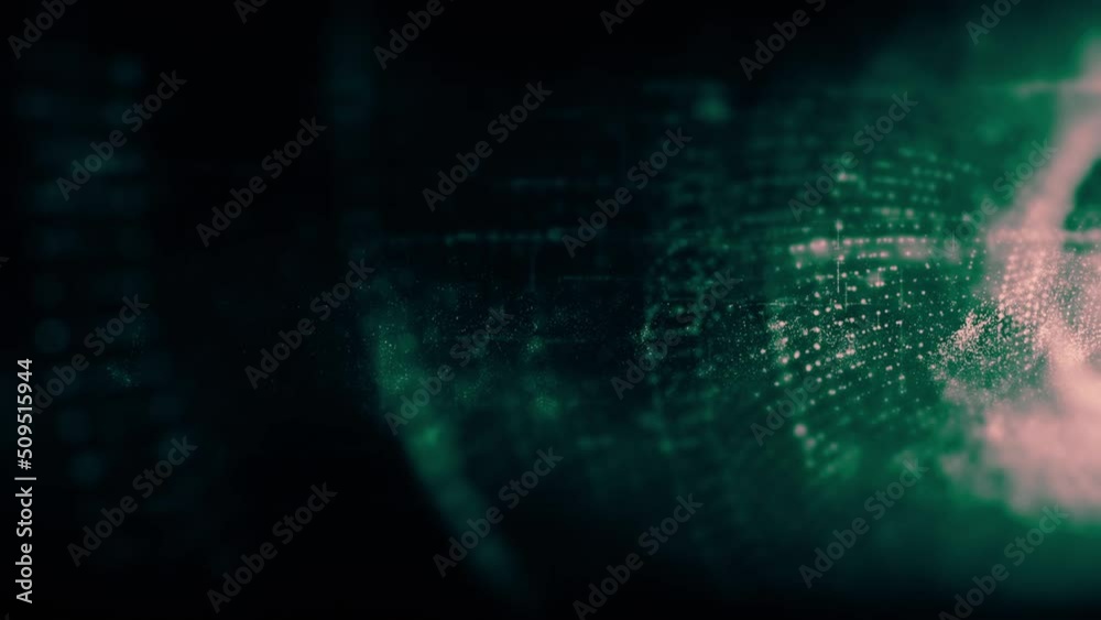 Leinwandbilder Vertical screen Format : Futuristic abstract de-focus Metaverse data matrix, meta, telemetry and encrypt numbers display with particles simulation in cyber space environment for HUD loop background