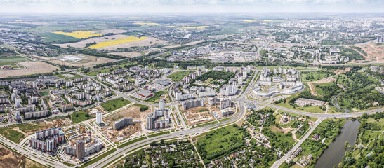 aerial panoramic view of residential district in Minsk, Belarus on sunny summer day