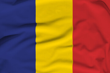 Romania national flag, folds and hard shadows on the canvas