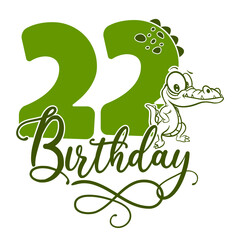 22, Number twenty two with crocodile cartoon character, Birthday Anniversary