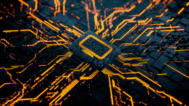 Display Technology Concept with Monitor symbol on a Microchip. Data flows from the CPU across a Futuristic Motherboard. 3D render.