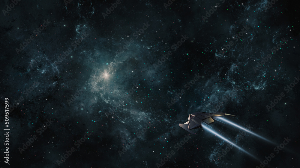 Wall mural space background. spaceship fly in colorful fractal blue nebula with star field. 3d rendering
