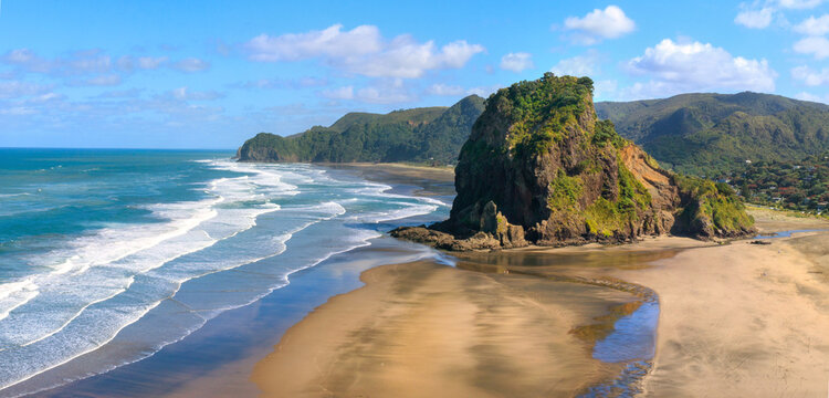 Piha Beach and Lion Rock in the morning sun, New Zealand