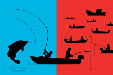 Vector illustration of Blue Ocean Strategy vs Red Blue Ocean Strategy that easy to understand and easy to remember with pictures of fishermen waiting and fisherman who have completed. © Witaya