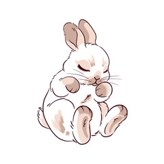 little brown rabbit sleeping, fluffy white bunny, hand-drawn illustration highlighted on a white background in soft colors, cartoon style, happy Easter symbol, rabbit portrait, easter bunny.