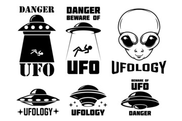 Set of emblems with ufo, alien. Ufology signs. Vector illustration