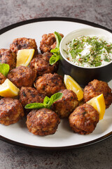 Greek Traditional Meatballs Keftedakia served with Tzatziki sauce closeup in the plate on the table. Vertical