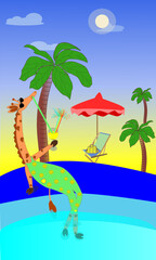Giraffe with clothes, vector. Giraffe drinks juice and rests in the pool. Palm trees and sand rest African animal.