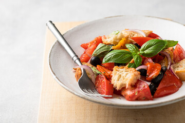 Italian panzanella salad with tomatoes and bread, selective focus, place for text