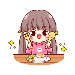 Happy cute kid girl kawaii children breakfast eating hand drawn cartoon character illustration