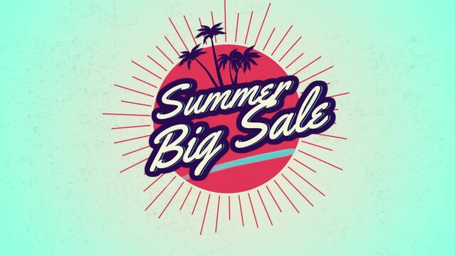 Summer Big Sale with red sun and tropical palms, motion promotion, summer and retro style background