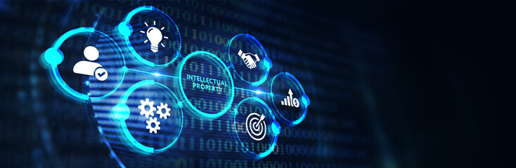The concept of business, technology, the Internet and the network.  virtual screen of the future and sees the inscription: Intellectual property 3d illustration
