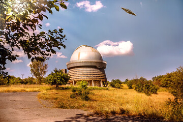 UFO flies in the sky above the telescope of the astronomical observatory in Armenia (Byurakan), 3d illustration - obrazy, fototapety, plakaty
