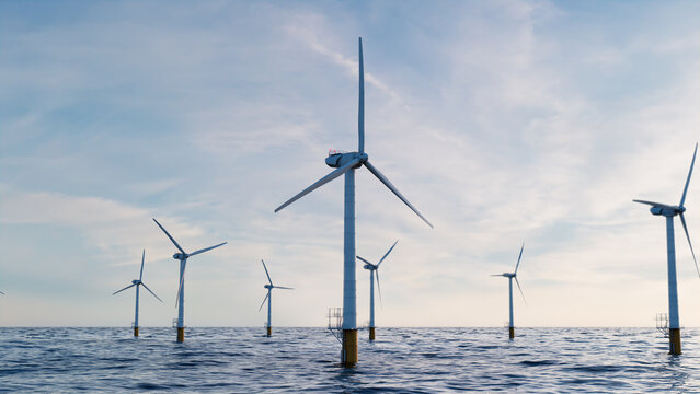 Wind Turbines. Offshore Wind Farm at Dusk. Sustainable Energy Concept.